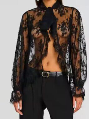 ONE LEFT: Black Lace Tie Bow BLouse